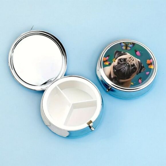 Pug Bulldog 🐶 Pill Box Medicine Mini Case Mirror Dog Mom Travel Portable Purse - Picture 2 of 7